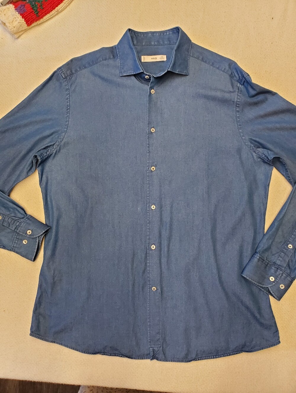 MNG Mango Men's XL Slim Fit Chambray Denim Button-Up Shirt Blue 100% Cotton